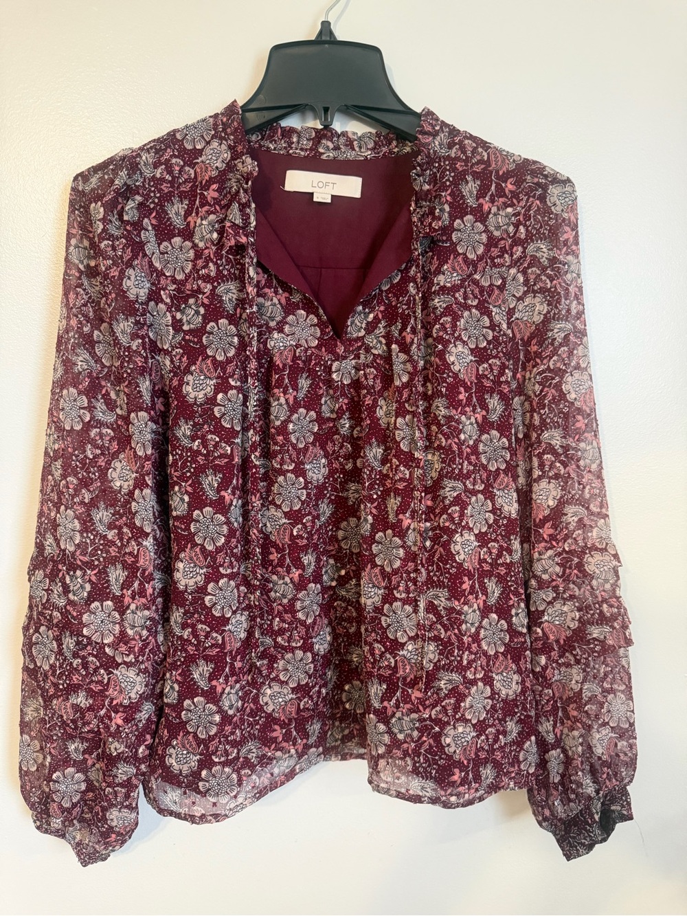 LOFT Maroon Floral Ruffle Tie-Neck Blouse size small